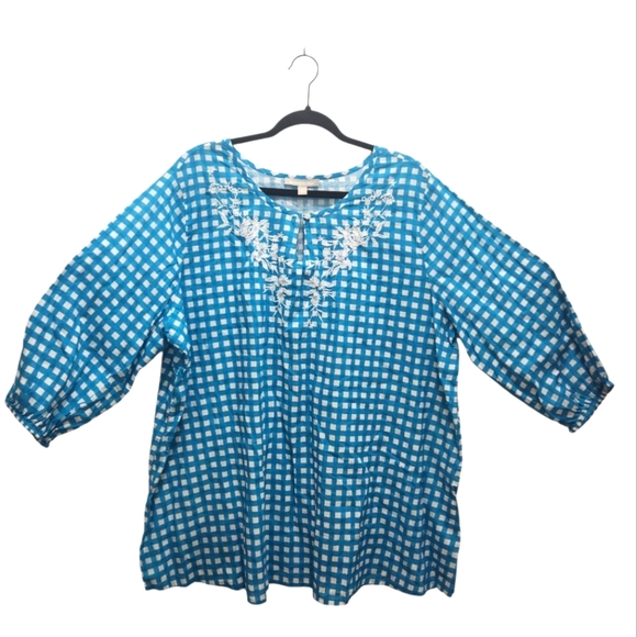 Woman Within Blue White Gingham Tunic Embroidered Floral Plus 1X 22/24 Cottage - Picture 1 of 5